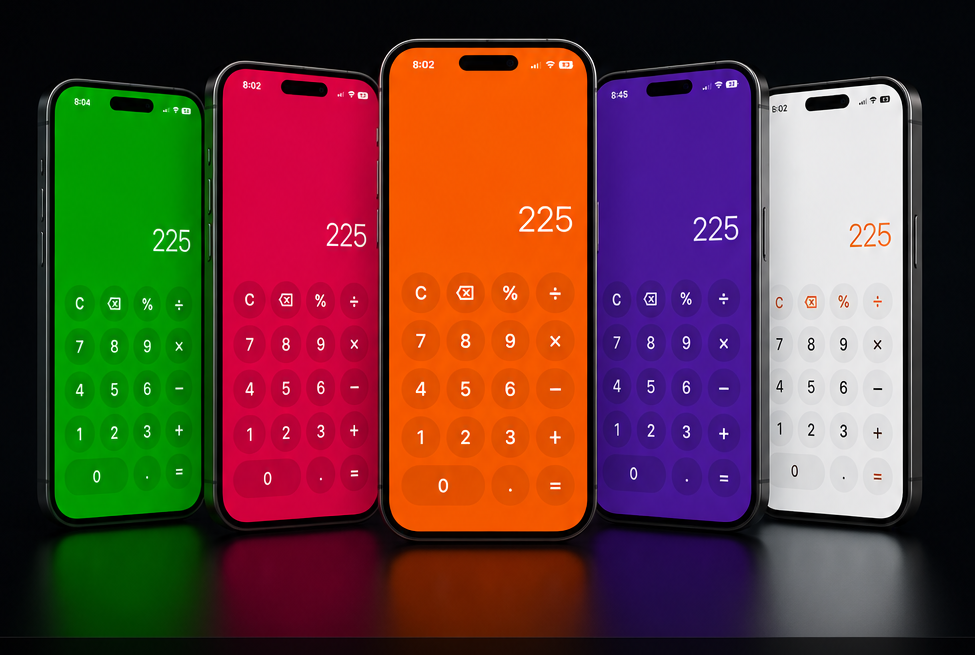Five Cordo calculator moods in green, pink, orange, purple and white